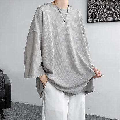 Summer Men Half Sleeves T Shirt Ice Silk Drooping Feeling Oversized Vertical Stripes Tops Loose Round Neck Medium Length T-shirt - Ellianto fashion Men's