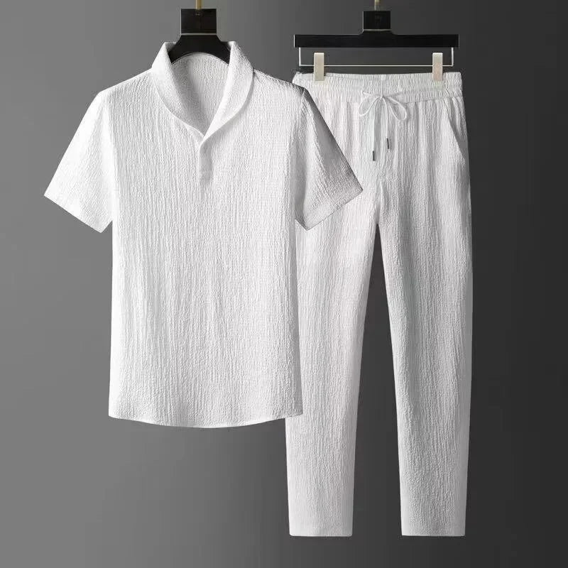 Summer Ultra-thin Five-piece Ice Silk Linen Suit Men's Cotton Linen 2-piece Set Loose-fit Mid-sleeve T-shirt Sports Wear - Ellianto fashion Men's