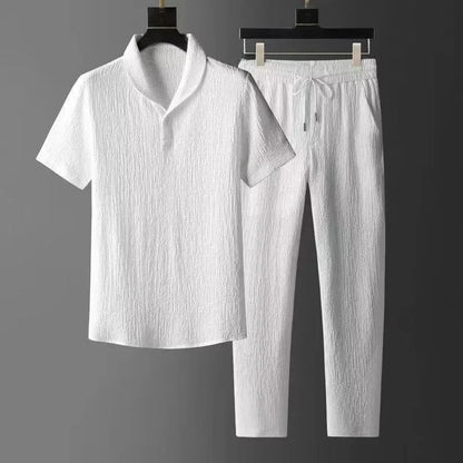 Summer Ultra-thin Five-piece Ice Silk Linen Suit Men's Cotton Linen 2-piece Set Loose-fit Mid-sleeve T-shirt Sports Wear - Ellianto fashion Men's