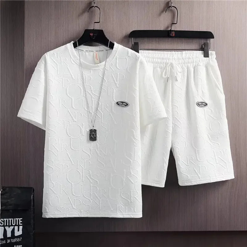 Summer Fashionable Korean Style Men's Short Sleeve Suit Versatile Waist Checked Five-point Shorts T-shirt Set Casual Wear - Ellianto fashion Men's