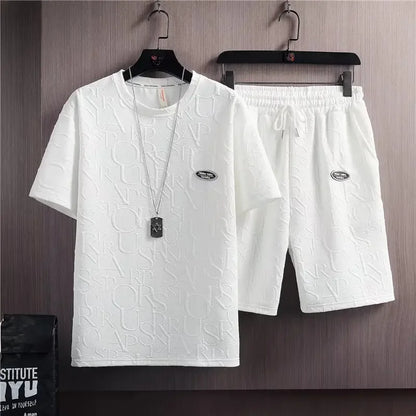 Summer Fashionable Korean Style Men's Short Sleeve Suit Versatile Waist Checked Five-point Shorts T-shirt Set Casual Wear - Ellianto fashion Men's