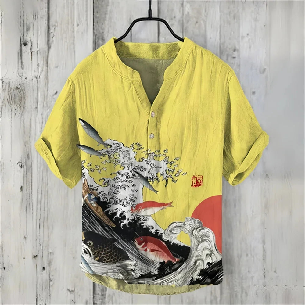 New short-sleeved V-neck shirt short-sleeved 3D printed linen shirt retro fish linen shirt comfortable men's breathable shirt - Ellianto fashion Men's