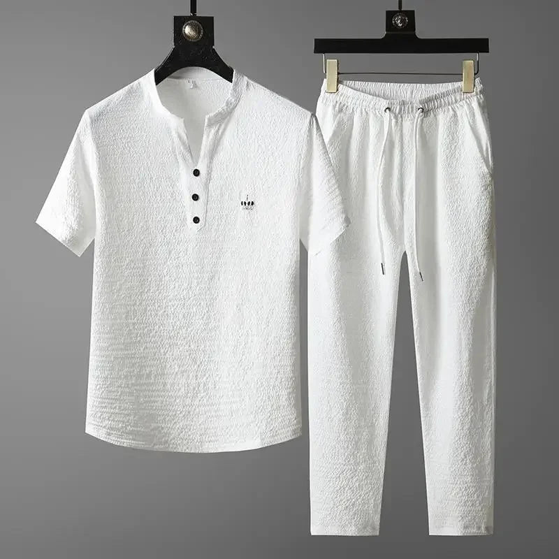 New 2025 Men's Slim Fit Short Sleeve Sportswear Set Casual Embroidered V-Neck Chinese Style Lightweight Two-Piece Suit - Ellianto fashion Men's