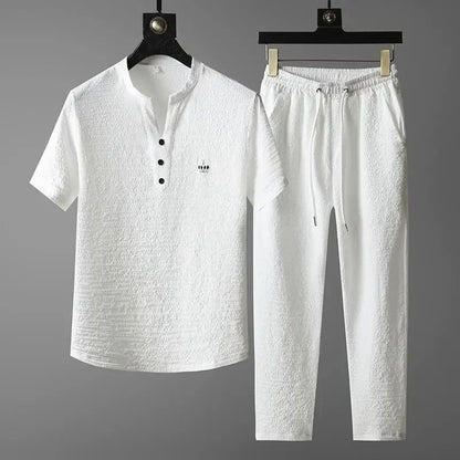 New 2025 Men's Slim Fit Short Sleeve Sportswear Set Casual Embroidered V-Neck Chinese Style Lightweight Two-Piece Suit - Ellianto fashion Men's