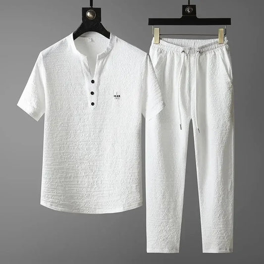 New 2025 Men's Slim Fit Short Sleeve Sportswear Set Casual Embroidered V-Neck Chinese Style Lightweight Two-Piece Suit - Ellianto fashion Men's