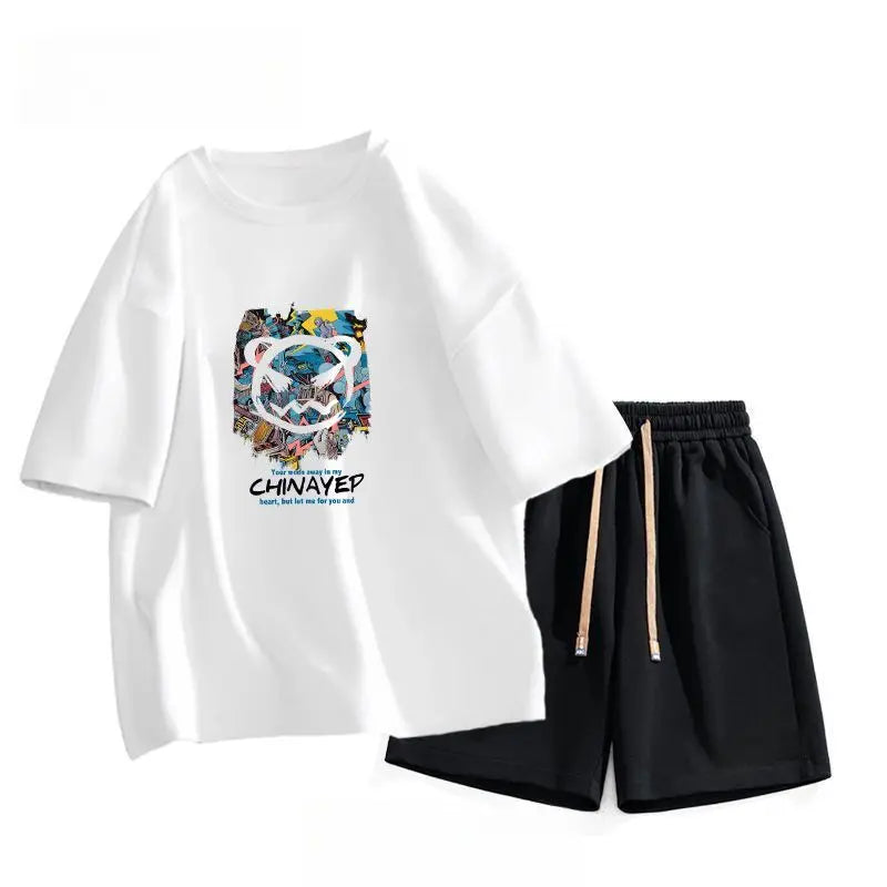 Men's Suit, Pure Cotton Printed Short-sleeved Top, Casual Summer Wear with High-end Trendy T-shirt, Youth Clothes, Cool - Ellianto fashion Men's