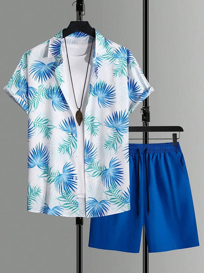 Set Hawaiian Coconut Tree Print Men's Shirt Summer Short Sleeve Tops Beach Shorts 2 Piece Sets Casual Vacation Style Outfit Clothing - Ellianto fashion Men's