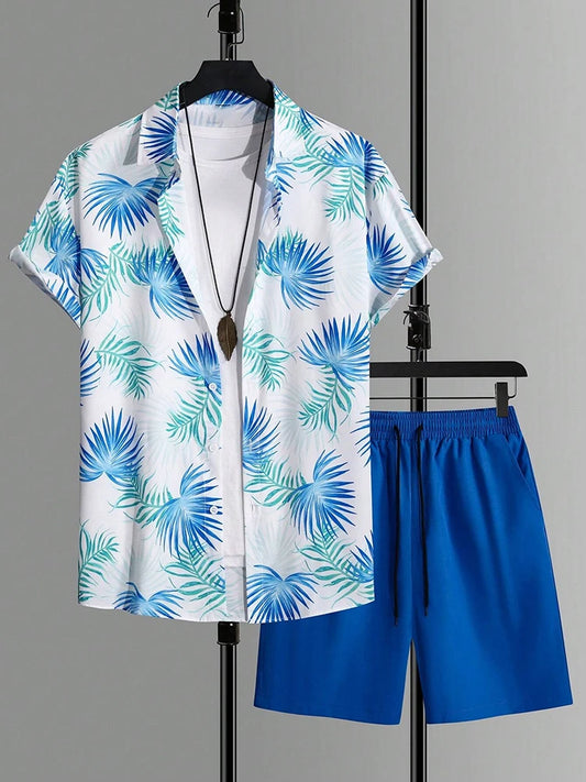 Set Hawaiian Coconut Tree Print Men's Shirt Summer Short Sleeve Tops Beach Shorts 2 Piece Sets Casual Vacation Style Outfit Clothing - Ellianto fashion Men's