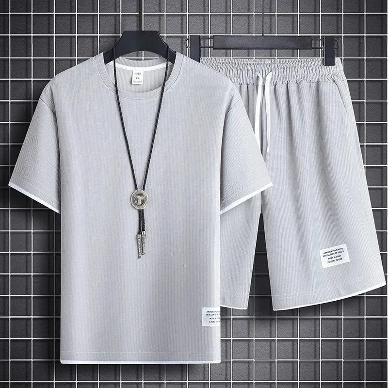 Casual Men's Sportswear Set Summer Short Sleeve Drawstring Shorts Loose Five-Quarter Pants Thin Male Outfit Two-Piece Suit - Ellianto fashion Men's