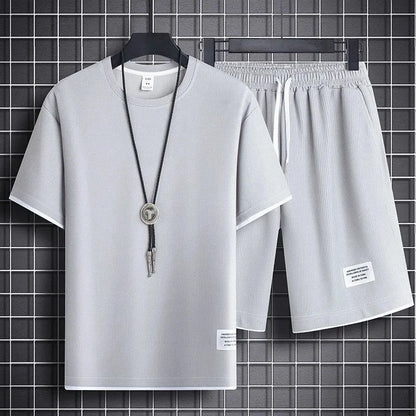 Casual Men's Sportswear Set Summer Short Sleeve Drawstring Shorts Loose Five-Quarter Pants Thin Male Outfit Two-Piece Suit - Ellianto fashion Men's