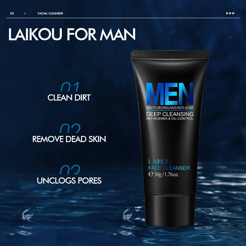 LAIKOU Men Facial Cleanser Moisturizing Oil control Exfoliating Acne Prone Skin Blackhead Remover 50g - Ellianto fashion Men's