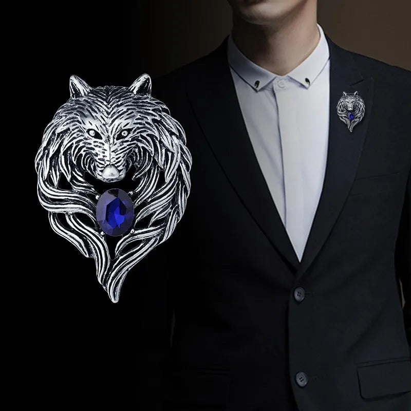 Wolf Brooche Rhinestone Collar Pins Badge Brooches Fashion Suit Shirt Clothing Jewelry for Men Accessories New Vintage Animal