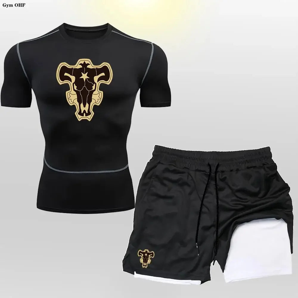 New Gym Shorts Men Double-Deck Workout 2 In 1 Quick Dry Compression T Shirt Suit Outdoors Running Tracksuit Jogging