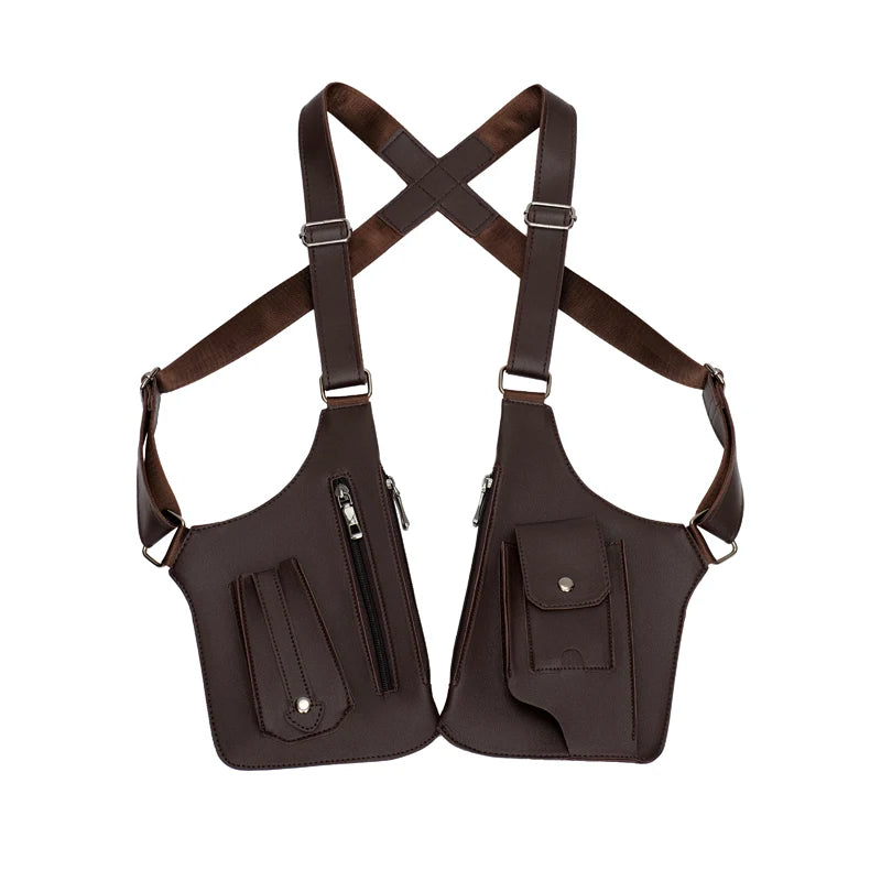 Luxury Design Men's Tactical Vest Bag High Quality PU Leather Man Chest Bag Phone Pouch Vintage Design Underarm Back Pack Bags - Ellianto fashion Men's