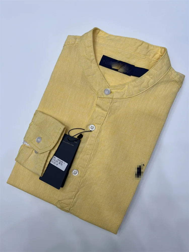 Spring Autumn Men's Linen Cotton Color Simple Embroidery Label Slim Long Sve irt Busin Casual Stand Collar irt - Ellianto fashion Men's