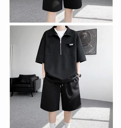 Ice Silk Short Sleeve Polo Shirt Men Summer Trendy Shorts Casual Sports Set Seven Half Zipper Comfortable Thin Male Clothing - Ellianto fashion Men's