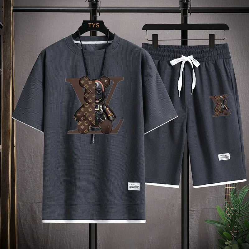 Set 2025 Summer Trend European and American men's sportswear Set: A brand-new outdoor jogging casual breathable short-sleeved T-shir - Ellianto fashion Men's