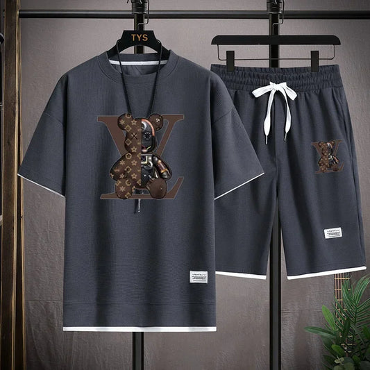 Set 2025 Summer Trend European and American men's sportswear Set: A brand-new outdoor jogging casual breathable short-sleeved T-shir - Ellianto fashion Men's