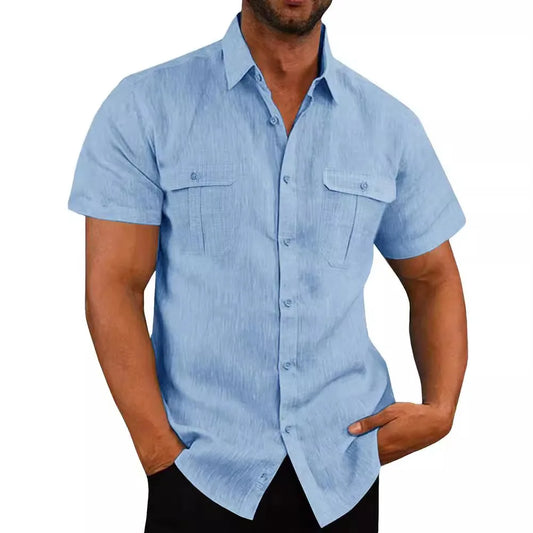 Shirts for Men Handmade Shirt Man Double Pocket Shirt Short Sleeve Men Shirt Linen Shirts for Men Men Cotton Shirt Short Sleeve - Ellianto fashion Men's