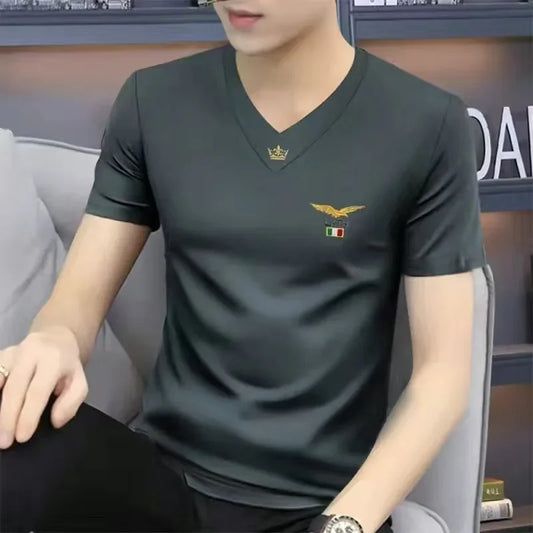 Trendy V-Neck Men's Short Sleeve T-Shirt Casual Slim Fit Summer New Style Sports Top For Smooth Slimming Men