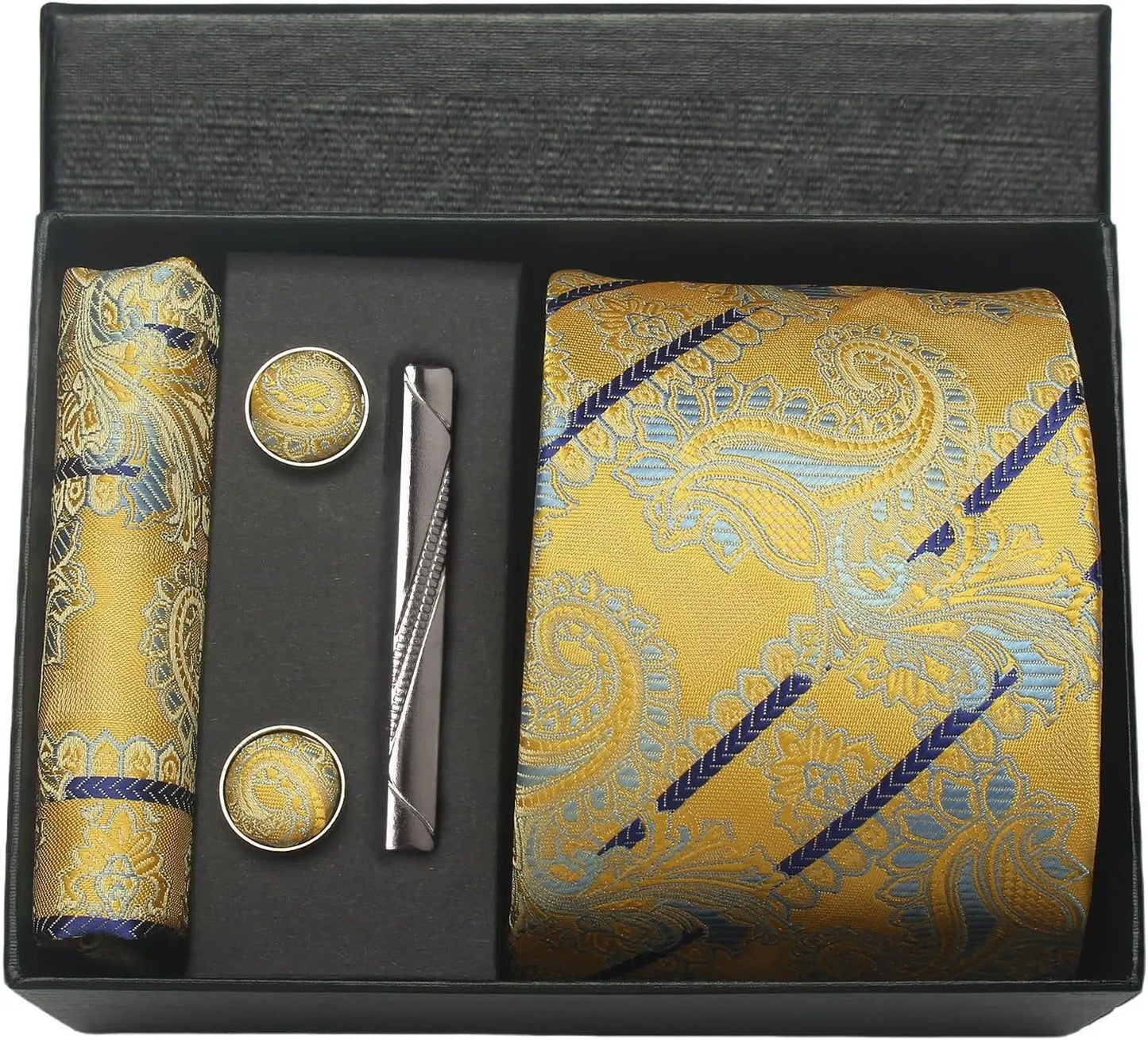 100% Silk Necktie Paisley Floral Mens Tie Top Quality Business Tie Pocket Square Tie Clip Cufflinks Set Classic For Men Gift Box - Ellianto fashion Men's