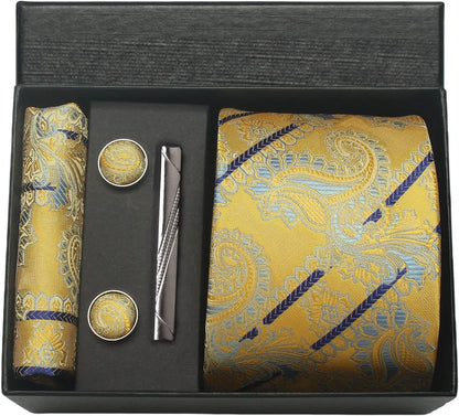 100% Silk Necktie Paisley Floral Mens Tie Top Quality Business Tie Pocket Square Tie Clip Cufflinks Set Classic For Men Gift Box - Ellianto fashion Men's
