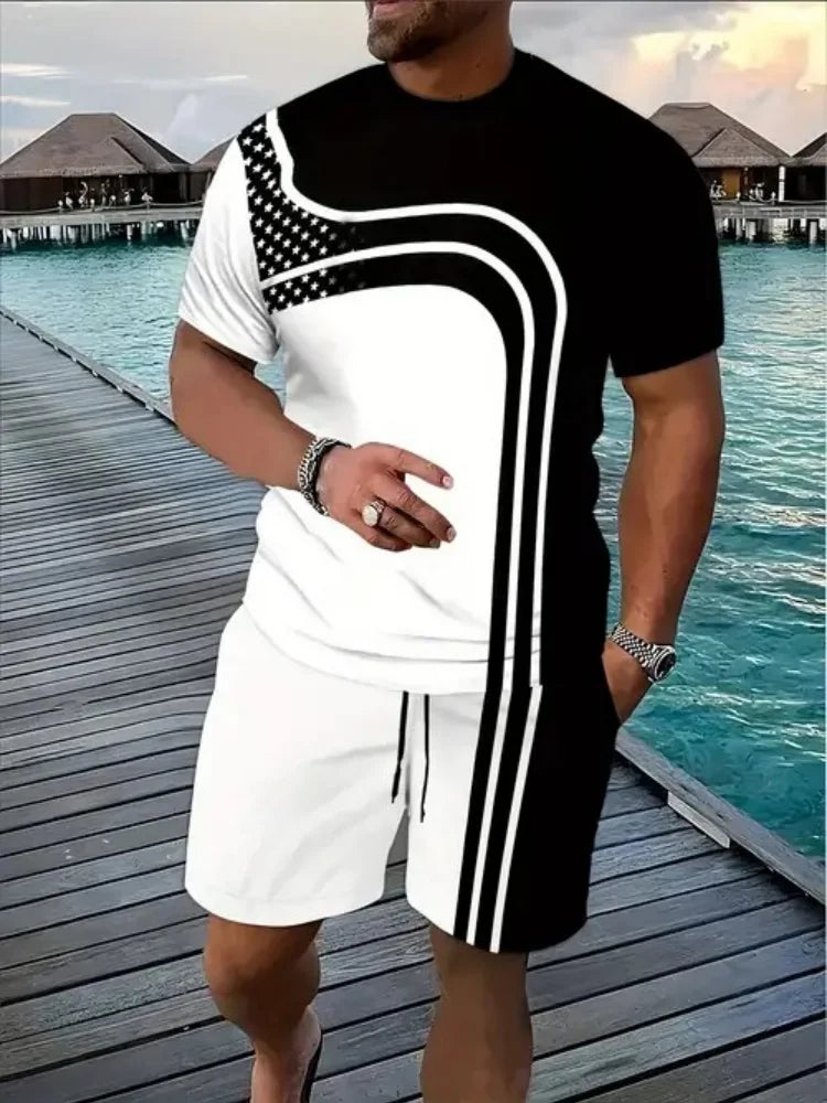 Set Hook Striped Printed Men's 2 Piece Short Sets 3D Print Short-Sleeved T-shirt and Elastic Waist Shorts Tracksuit Holiday Summer - Ellianto fashion Men's