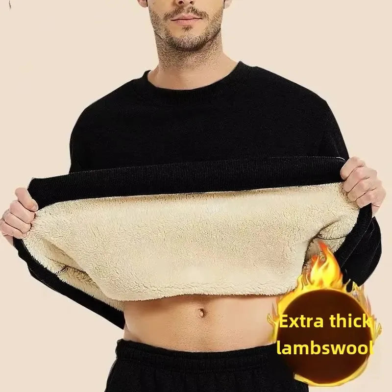 Thickened Fleece-Lined Men's Round Neck Sweatshirt Winter Warm Base Layer Top Innermen's Wear Clothes Loose Style Hoodies