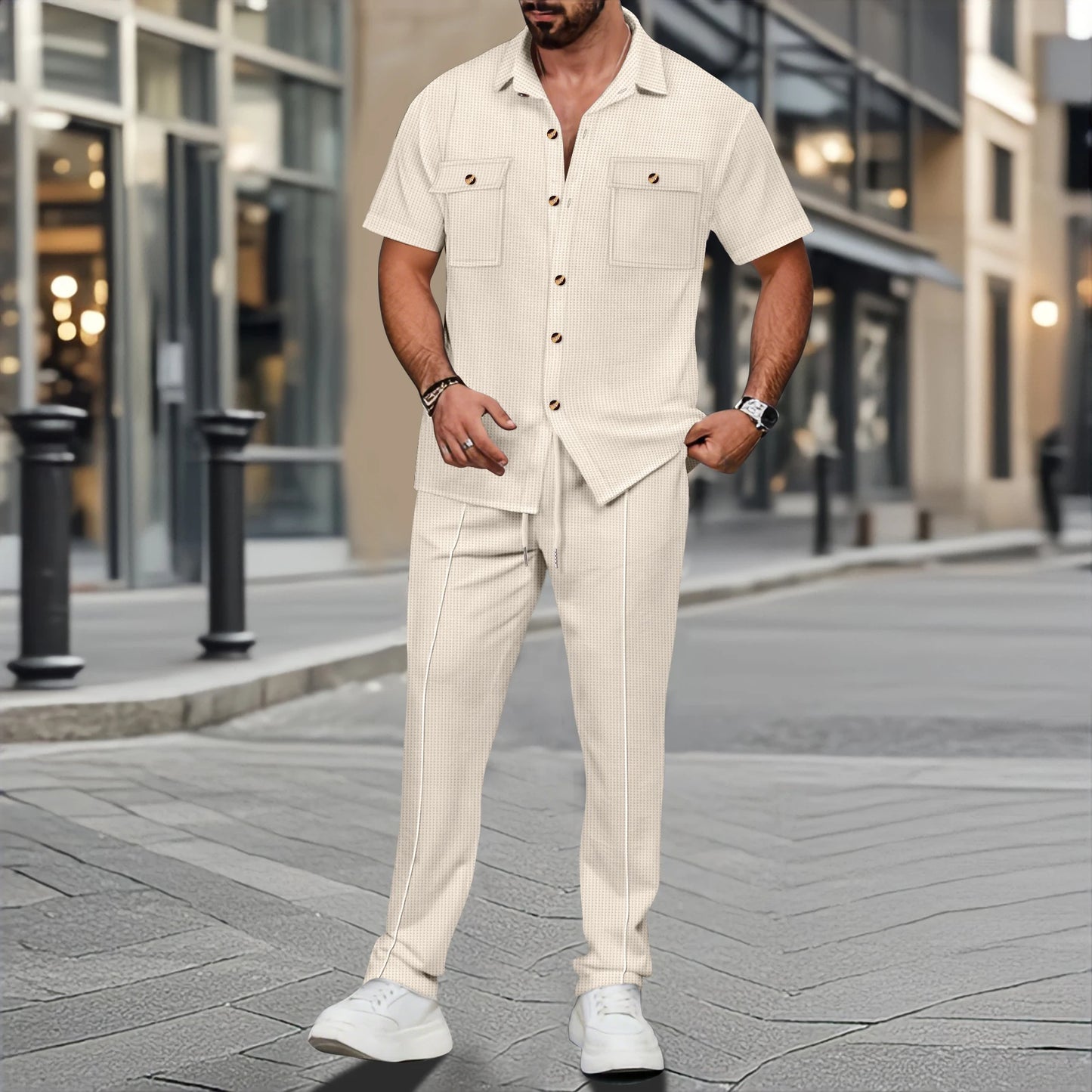 2025 Men's summer new solid color button chest double pocket shirt short sleeve trousers casual two sets - Ellianto fashion Men's