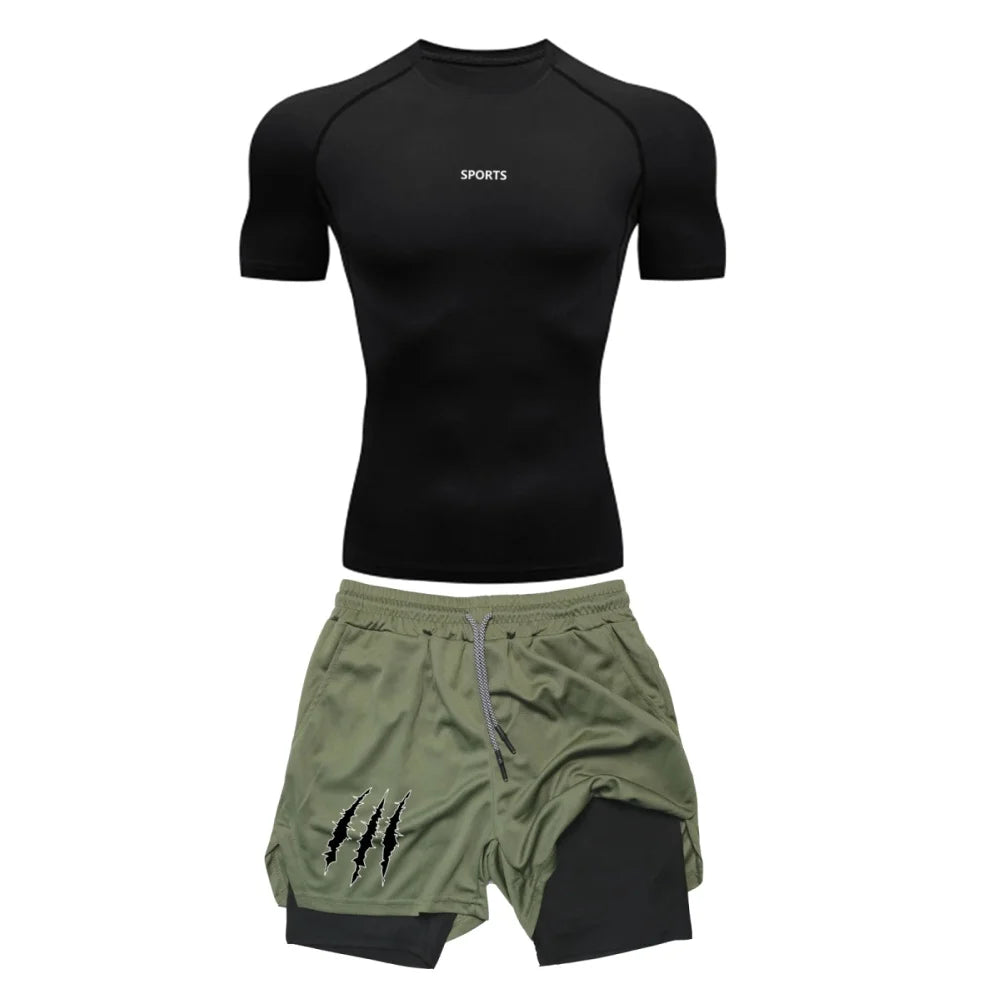 Men’s Sports Compression Set – Quick-Dry Rash Guard Top & 2-in-1 Stretch Shorts for Gym & Training