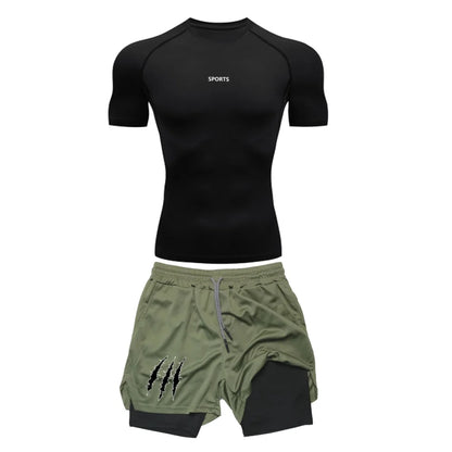 Men’s Sports Compression Set – Quick-Dry Rash Guard Top & 2-in-1 Stretch Shorts for Gym & Training