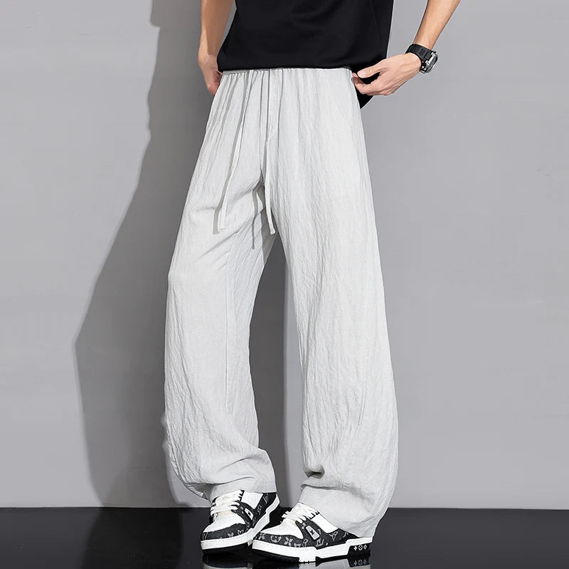 Men’s Thin Ice Silk Linen Casual Pants – Lightweight Wide-Leg Trousers with Drawstring, Straight Baggy Fit, and Elastic Waist for Effortless Comfort