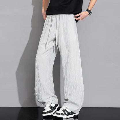 Men’s Thin Ice Silk Linen Casual Pants – Lightweight Wide-Leg Trousers with Drawstring, Straight Baggy Fit, and Elastic Waist for Effortless Comfort