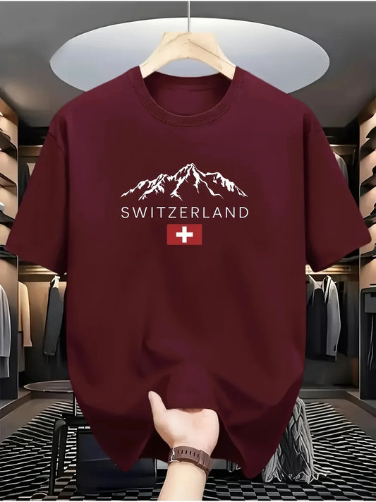 2025 New European Men's Summer 100% Pure Cotton Fashionable Casual Sporty Swiss mountain Pattern Printed round-neck short-sleeve - Ellianto fashion Men's