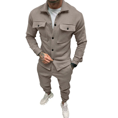 Men's casual overalls jacket and pants suit for fall/winter outdoor vacation American style men's fashion suede 2 piece set - Ellianto fashion Men's