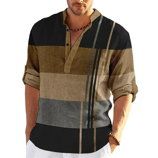 Men's Striped Color Block 3D Print Henley Shirts Fashion Streetwear Stand Collar Long Sleeve Shirt Male Tops Blouse Man Clothing - Ellianto fashion Men's