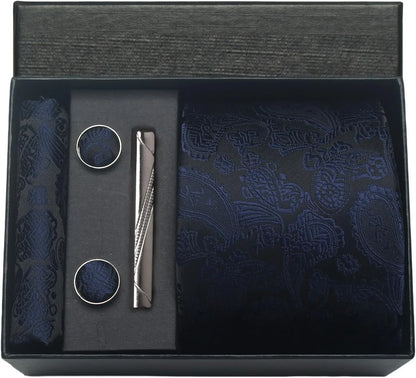 100% Silk Necktie Paisley Floral Mens Tie Top Quality Business Tie Pocket Square Tie Clip Cufflinks Set Classic For Men Gift Box - Ellianto fashion Men's