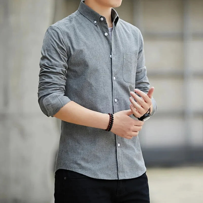 New Hot Sale Of The Season Men's Long Sleeve Oxford Cloth Casual Shirt Slim Fit Korean Style Shirt Comfortable Breathable Spring - Ellianto fashion Men's