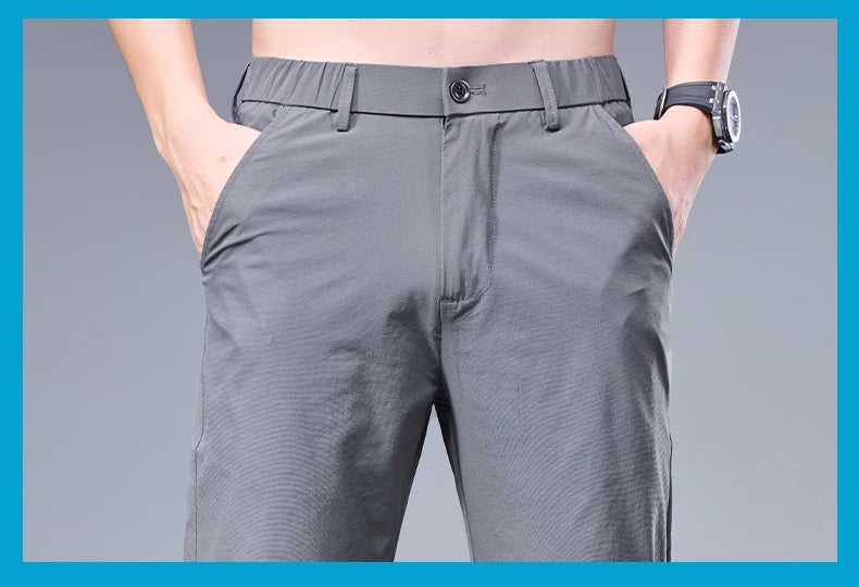 Summer New Business Ice Silk Pants Straight Elastic Waist Black Gray Trousers Breathable Simple Male Clothing Casual Suit Pants - Ellianto fashion Men's