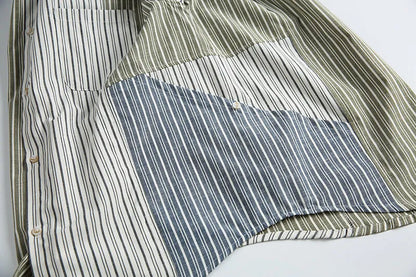 Stripe Splice Shirt Men Japnese Streetwear Fashion Loose Casual Long Sleeve Shirts Cityboy Oversize Cargo Shirts Blouses - Ellianto fashion Men's