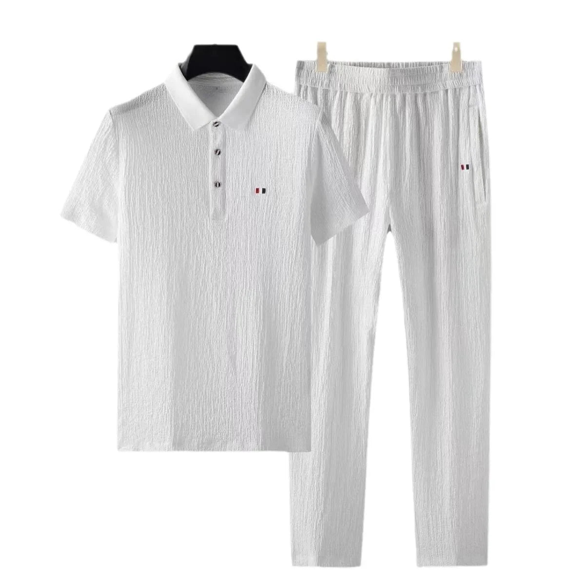 Summer Men's Casual Thin Collar Two-Piece Suit Full Set Fashionable Lightweight Breathable Comfortable Male Clothing Ensemble - Ellianto fashion Men's