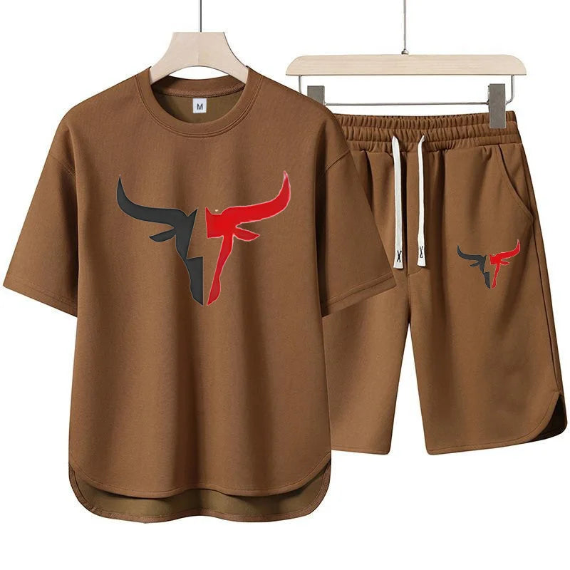 Set 2025 New European and American men's Summer Casual cotton and linen European size short-sleeved shirt + jogging sports shorts 2- - Ellianto fashion Men's