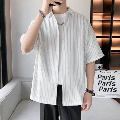 Striped Shirt men Japanese Casual Oversize Trend Black Unisex gothic Short Sleeved Blouses - Ellianto fashion Men's