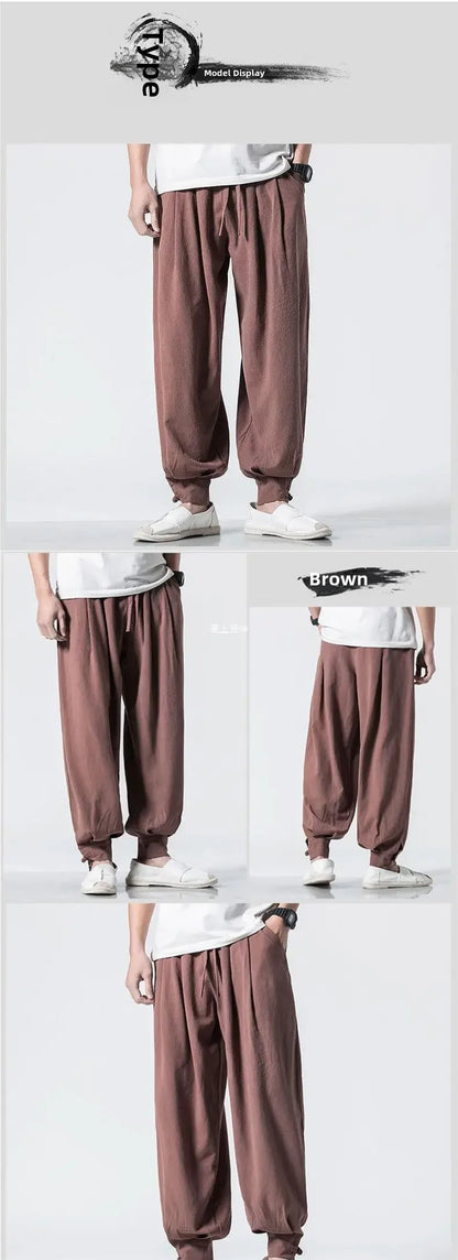 Loose-fit Cotton Linen Men's Women's Monk Pants No Tying Required Casual Spring Summer Long Pants For Zen Meditation - Ellianto fashion Men's