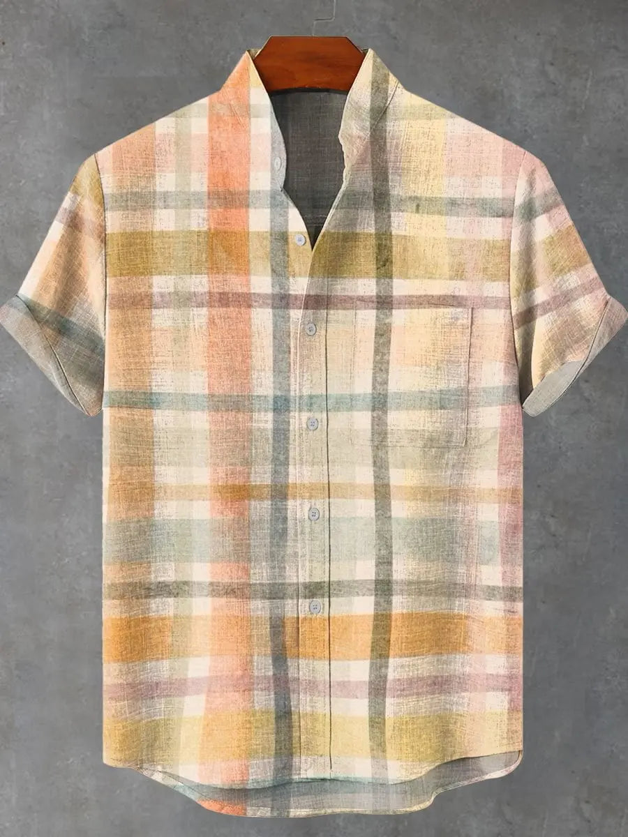 2025 Men's New Hot Selling Cool Checkered Pattern Printed Summer Comfortable Linen Short sleeved Shirt Men's Casual Button Top - Ellianto fashion Men's