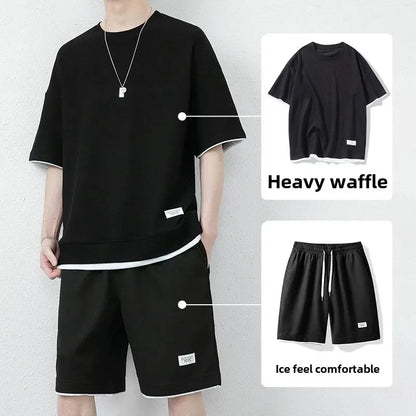 Casual Men's Sportswear Set Summer Short Sleeve Drawstring Shorts Loose Five-Quarter Pants Thin Male Outfit Two-Piece Suit - Ellianto fashion Men's