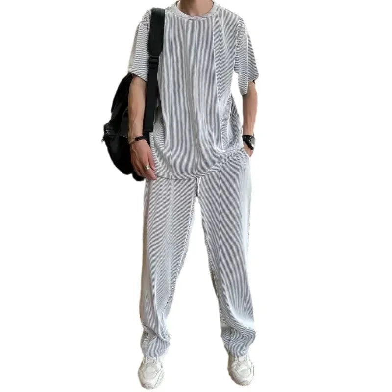 Casualsuit Ice Silk Sports Men's Summer Thin Short Sleeves T-shirt Quick Dry Long Pants Matching Half Sleeve Clothes Set - Ellianto fashion Men's