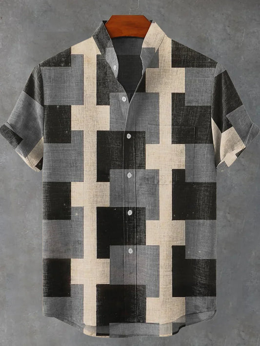 2025 Black Pigment Brush Marking Vintage Printed Casual 100% Line Shirt, Men and Women's Same Short Sleeve Shirt - Ellianto fashion Men's