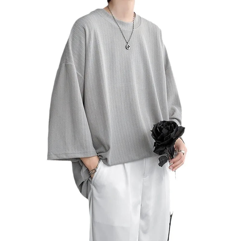 Summer Men Half Sleeves T Shirt Ice Silk Drooping Feeling Oversized Vertical Stripes Tops Loose Round Neck Medium Length T-shirt - Ellianto fashion Men's
