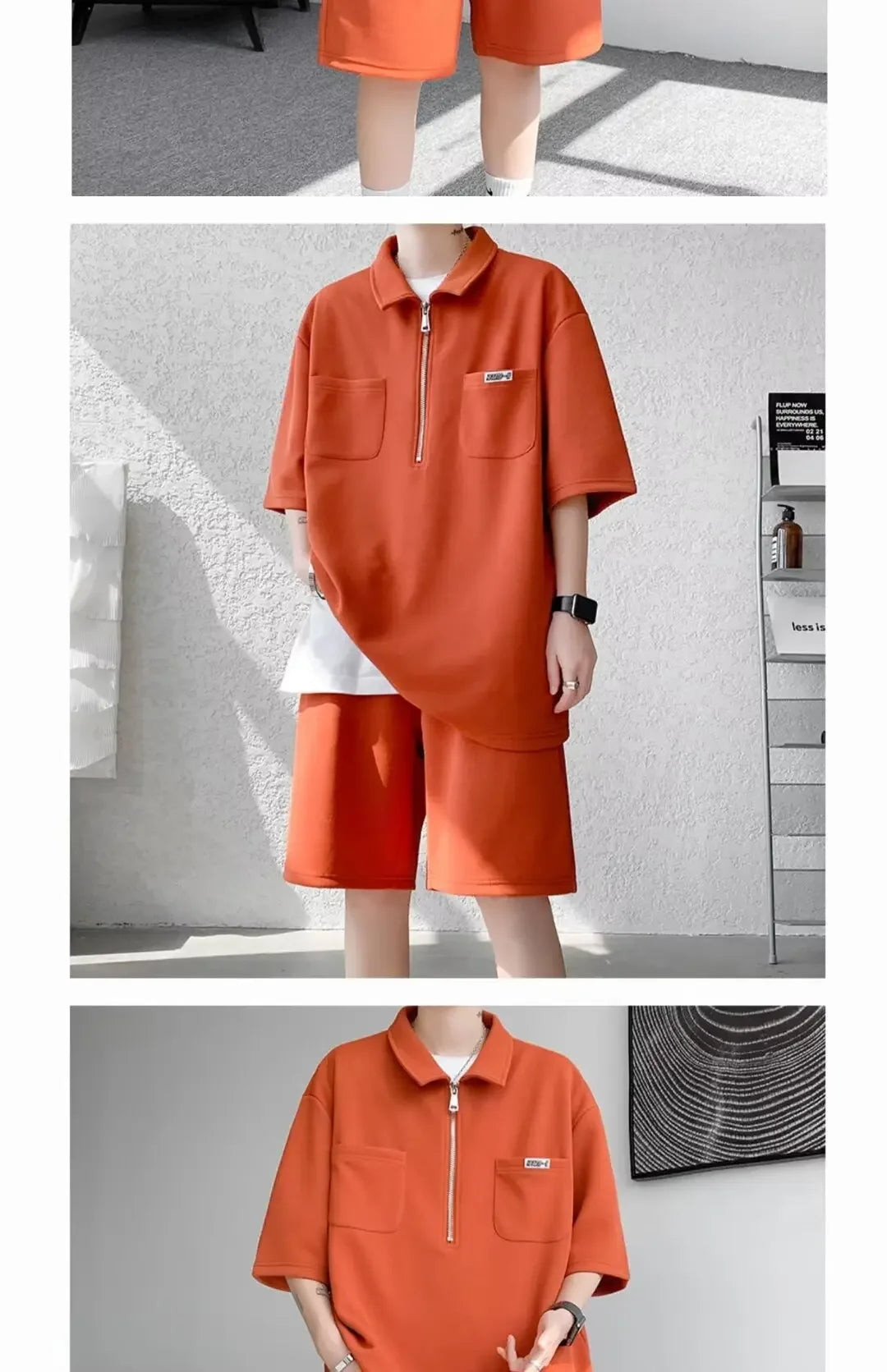 Ice Silk Short Sleeve Polo Shirt Men Summer Trendy Shorts Casual Sports Set Seven Half Zipper Comfortable Thin Male Clothing - Ellianto fashion Men's